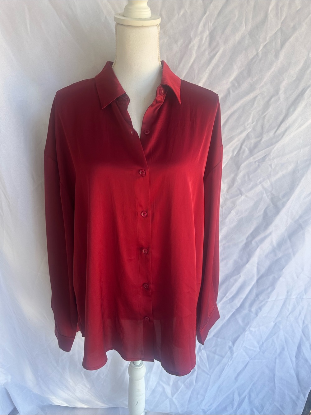 Acevog Red Satin Button-Down Blouse